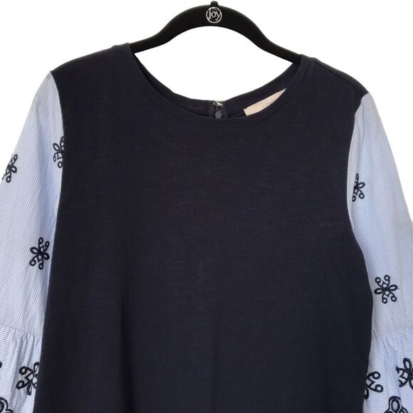 Loft Dress Womens Size S Navy Blue Embroidered Eyelet 3/4 Bell Sleeve Shift Boho - Picture 2 of 12